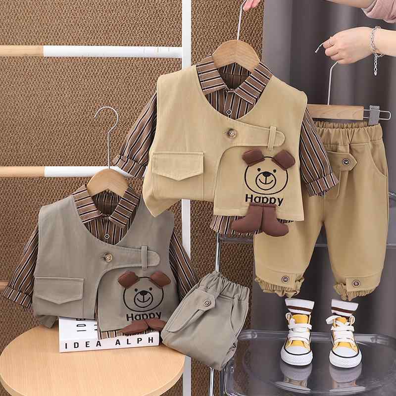 子供用ベスト付き長袖セットアップ パンツセット 春秋 1歳 2歳 3歳 4歳 5歳 かわいいクマ柄 コットン 90% グレー カーキ