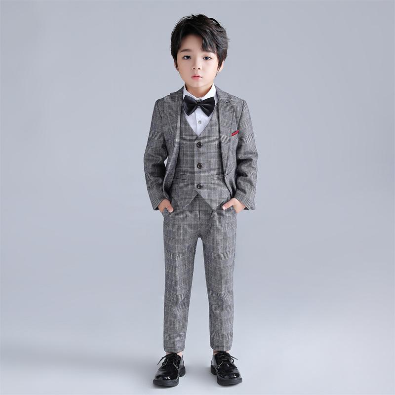 子供用フォーマルスーツ 男の子用 格子柄 スーツ 3点セット 舞台衣装 ピアノ発表会 演奏会 結婚式 ジャケット ベスト パンツ 蝶ネクタイ付き ポリエステル素材 春秋冬