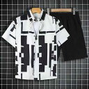 メンズ ビーチセットアップ 半袖シャツ ハーフパンツ 上下セット ポリエステル混紡 ゆったり 夏 リゾートスタイル