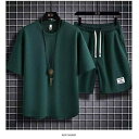 セットアップ メンズ 男性用 薄手 Tシャツ ショートパンツ 上下セット 部屋着 ルームウェア スポーティ カジュアル 半袖 丸首 ポリエステル ホワイト ブラ...