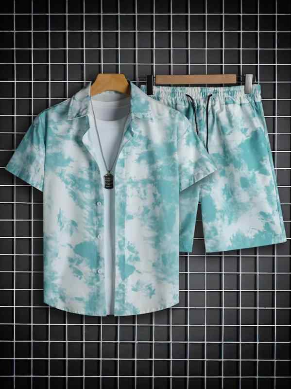 メンズ Tシャツ ショートパンツ セットアップ パリ レトロ風 絞り染め 5分袖 ポリエステル混紡 ルームウェア 普段使い ピンク系 ブルー系 春夏(4)