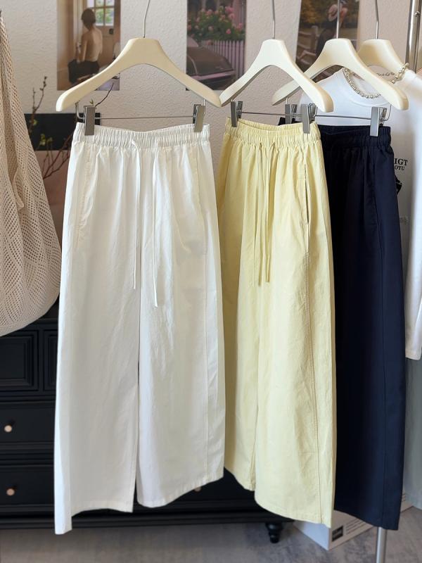 カジュアルパンツ レディース 小柄 九分丈 ワイドレッグパンツ 薄手 コットン 綿 快適 普段使い リラックスパンツ ホワイト ネイビー イエロー