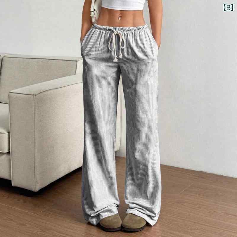 パンツ レディース ストレートパンツ ワイドレッグパンツ ポリエステル混紡 縞模様 ゆったり カジュアル 通勤 ピンク系 グレー ブルー 2025春夏