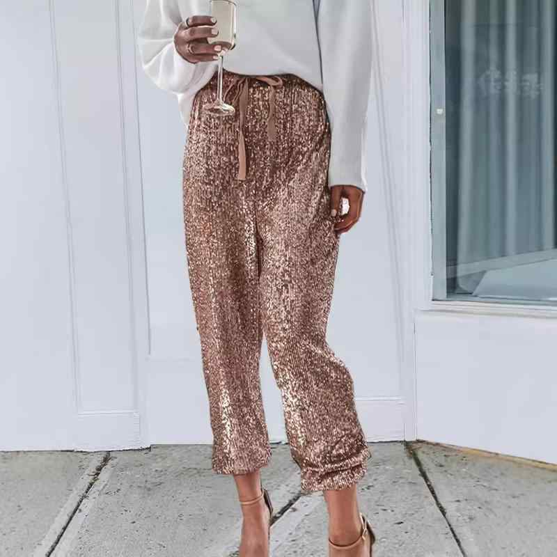 パンツ レディース 高腰 ワイドレッグ スパンコール シャーリング テーパードパンツ 裾絞り ポリエステル ゆったり ブラック シャンパンゴールド ローズゴールド 欧美風 韓国風 カジュアル