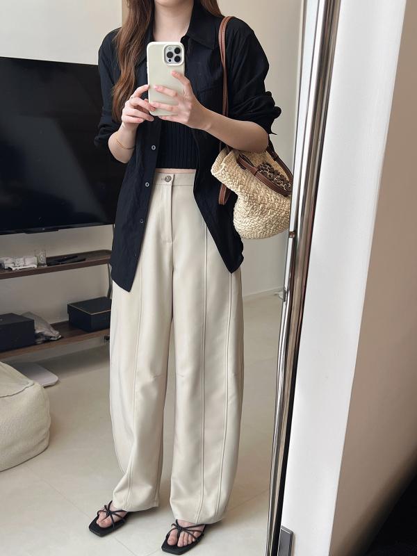 パンツ レディース 高腰 テーパードパンツ 春夏 米色 ポリエステル 粘胶繊維 ゆったり リラックス ポケット付き きれいめ 上品