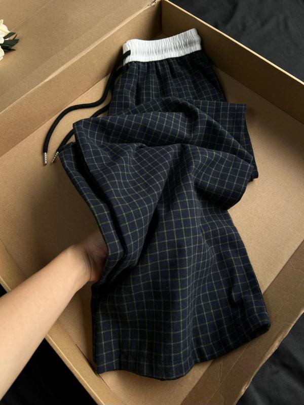 Occidental Goods - パンツ レディース 格子柄 ワイドレッグパンツ 接触冷感 イージーパンツ 部屋着 高腰 ゆったり ストレートパンツ 薄手 黒
