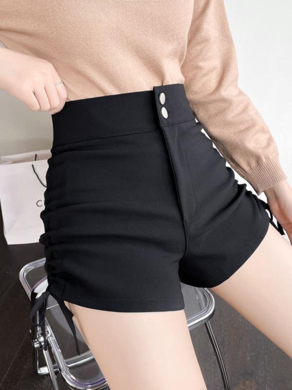 Occidental Goods - ショートパンツ レディース 春夏 涼しい 接触冷感 快適 楽ちん 高見え ワイド キュロット 黒 ポリエステル ギャザー ドローストリング カジュアル 美脚