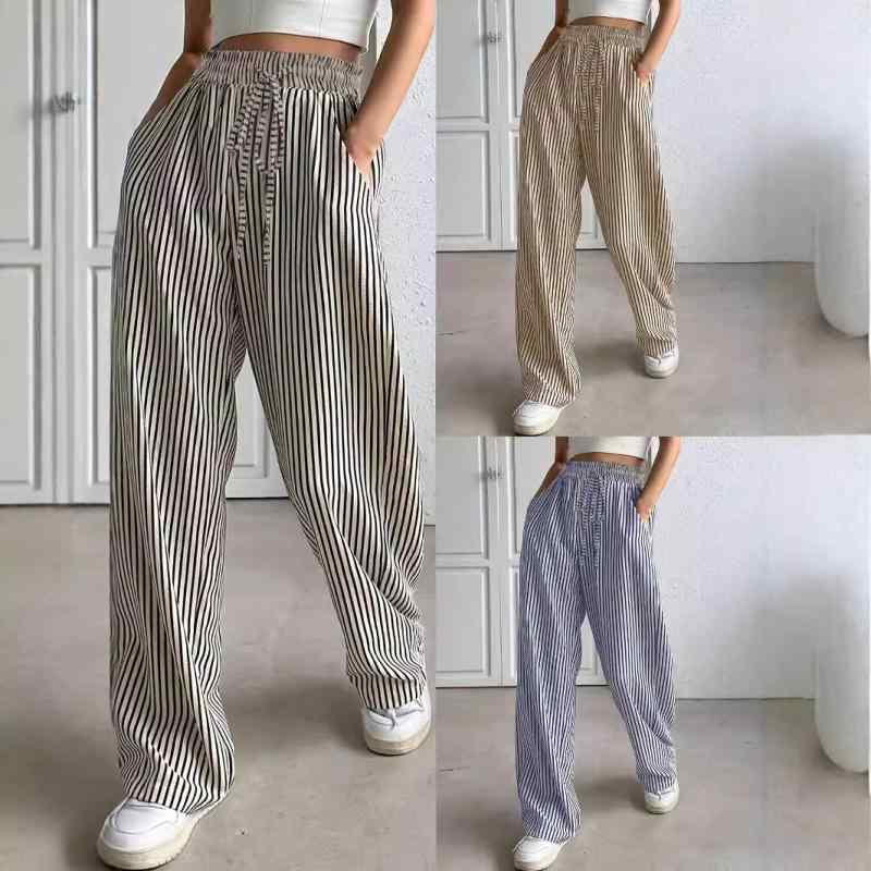 パンツ レディース ストレートパンツ ボーダー柄 ポリエステル カジュアル 薄手 黒白 ブラック ピンク系 春夏