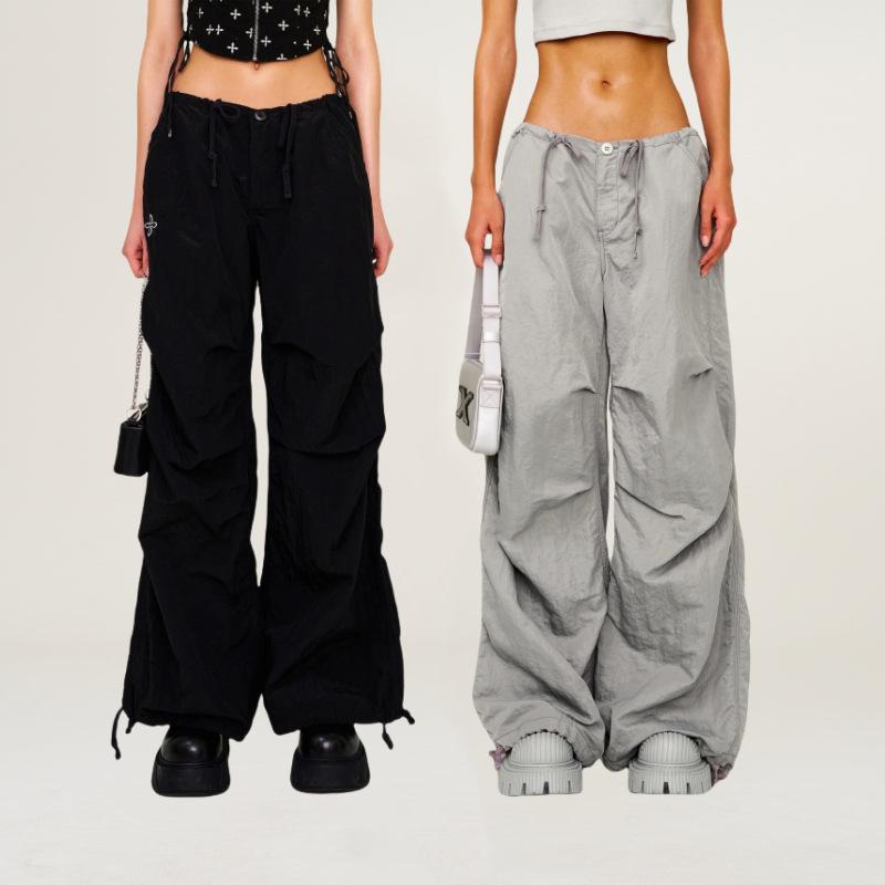 パンツ レディース ワークパンツ カーゴパンツ ワイドレッグパンツ ドローストリング ナイロン 高腰 黒 ブラック グレー カジュアル ストリート 春夏