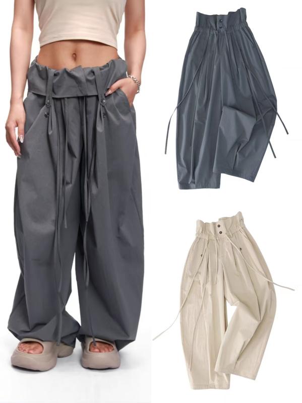 パンツ レディース 高腰 ズボン 春夏 綿 ゆったり ワイド ストレート 接触冷感 ハーレムパンツ 通勤 カジュアル 深灰 杏色 荷葉邊
