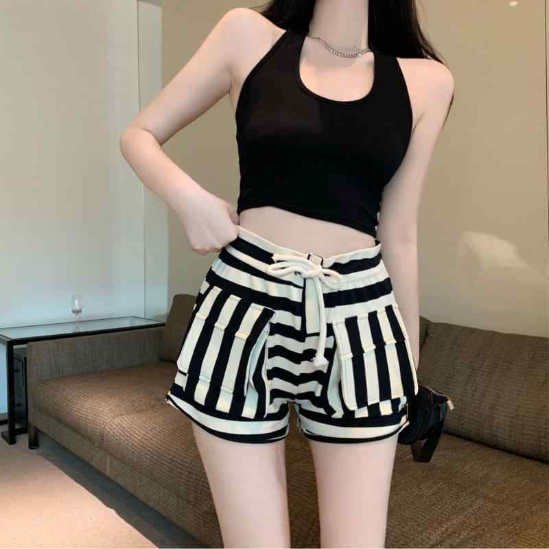 ショートパンツ レディース 高腰 ストライプ柄 短パン 春夏 伸縮性 ウエストゴム ゆったり 楽ちん ワイドレッグパンツ スポーティー Aライン ホットパンツ 薄手 普段使い