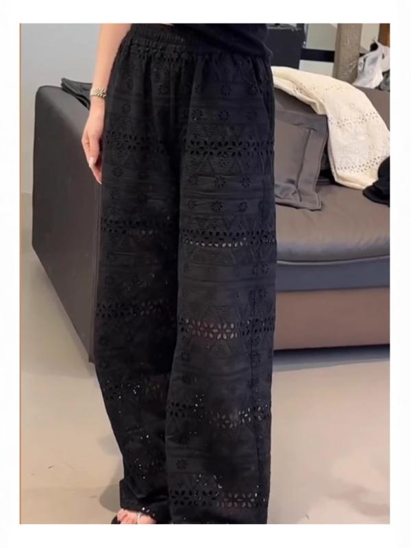 ワイドパンツ レディース 2025春夏 レース 镂空 ポリエステル 高見え ファッション 涼しい ストレートパンツ 薄手 ゆったりサイズ オシャレ かわいい 白色 黒色