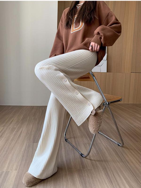 ニット レディース ワイドレッグパンツ 秋冬 高見え ウエストゴム 厚手 あったか 暖か ゆったり リラックス ストレート ズボン 長ズボン 普段使い デイリー