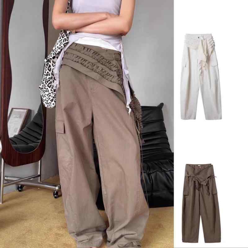 パンツ レディース 早秋 カーゴパンツ バルーンパンツ 取り外し可能 アシンメトリー ゆったりめ カジュアルパンツ 白 ホワイト 緑 グリーン 綿 ワークパンツ ミリタリーパンツ