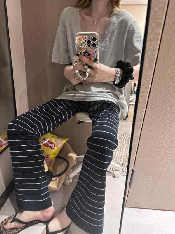 パンツ レディース “超模腿” 再生繊維 ストライプ柄 ニットパンツ 春夏 カジュアル 通勤 オフィス 接触冷感 通気性 伸縮性 ネイビー系