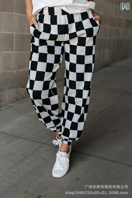 パンツ レディース カジュアルパンツ チェック柄 テーパードパンツ イージーパンツ ウエストゴム 普段使い ストリートファッション 欧美風 ポリエステル