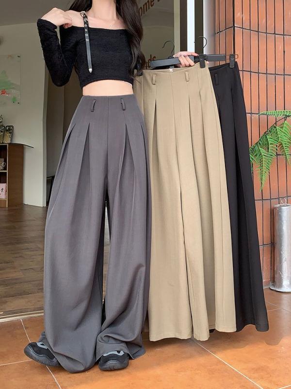 パンツ レディース テーパードパンツ ワイドパンツ ポリエステル 高見え 無地 薄手 ゆったり ハイウエスト ドレープ性 イージーパンツ S M L XL 2XL 3XL 普段使い 韓国風 カフェ 灰色 グレー 黒 ブラック 茶色 ブラウン