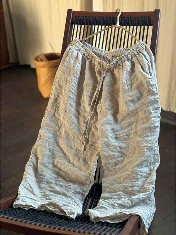 麻パンツ レディース ゆったり ストレート 砂洗亜麻 リネンパンツ ゴムウエスト 中国風 文芸復古 ミルクティー色 パープル カーキ ブラック