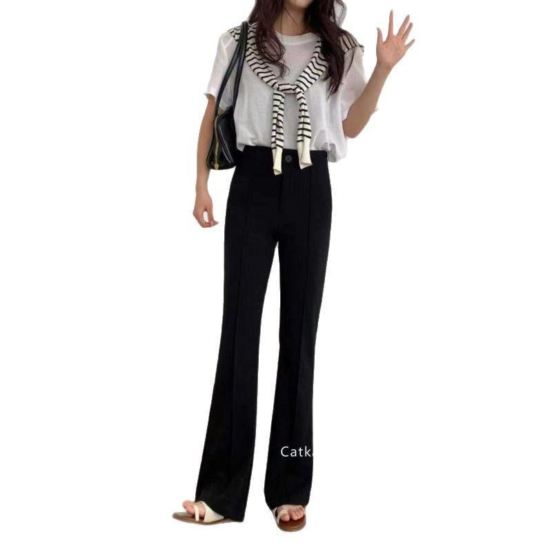 パンツ レディース 高見え 美脚パンツ テーパードパンツ スラックス ポリエステル 合繊 高腰 ゆったり 伸縮性 文芸風 韓国風 ブラック