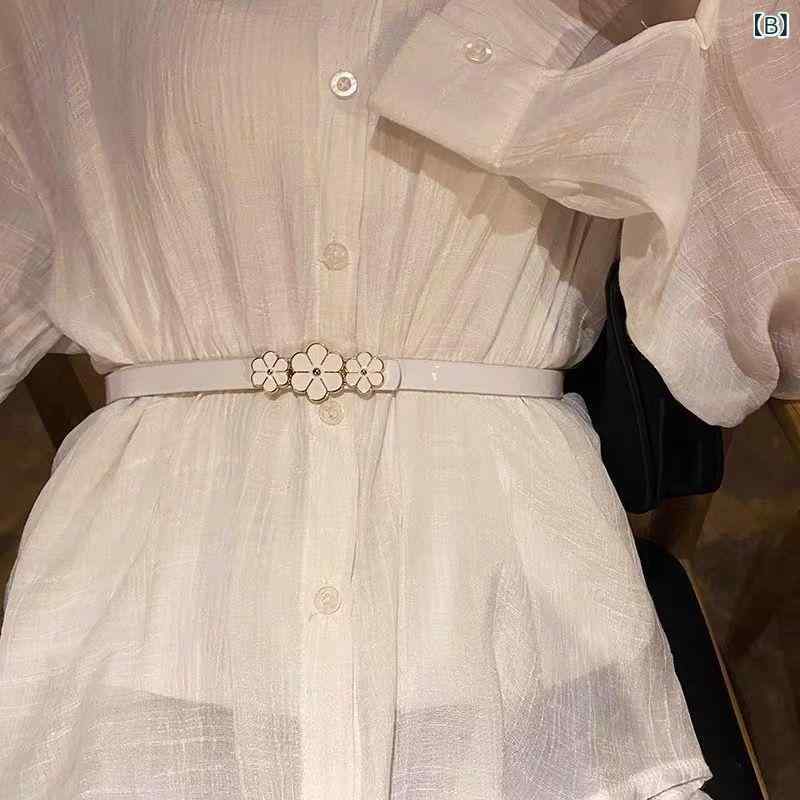 シャドーテールのベルト レディース 女性用 細ベルト PUレザー エナメル 花柄 スクエアバックル 蝶モチーフ 韓国ファッション カジュアル ブラック ホワイト｜アングル3