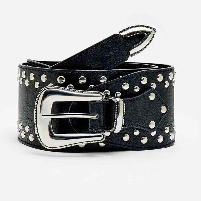 ベルト レディース ヒョウ柄 ゼブラ柄 スタッズ PUレザー ウエストマーク 太ベルト 105cm 黒 茶色 焦げ茶色 レトロ ロリータ ゴスロリ