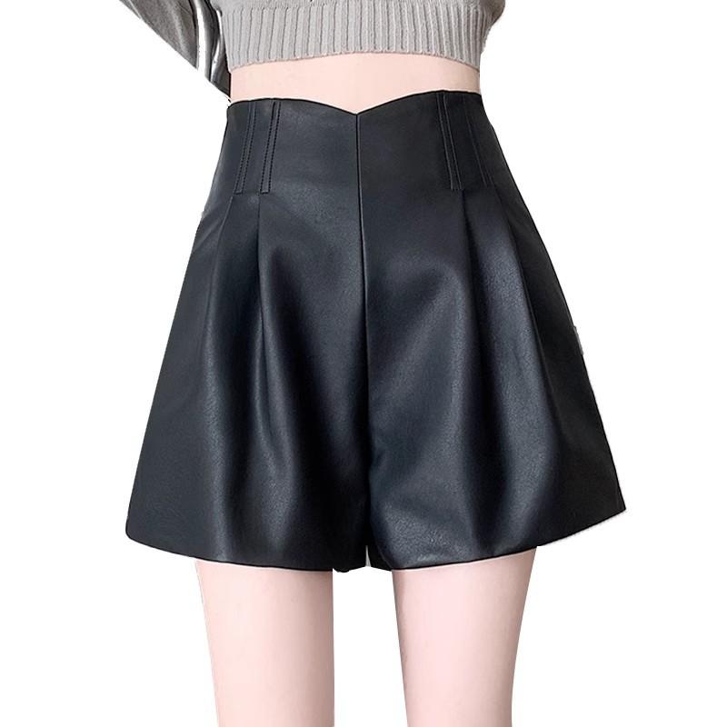 Rakuten - レザーパンツ レディース 秋冬 ショートパンツ ハイウエスト Aライン ワイドレッグ カジュアルパンツ 黒 茶色 XS S M L XL 2XL 3XL 4XL PU 厚手 微弾性 ジッパー