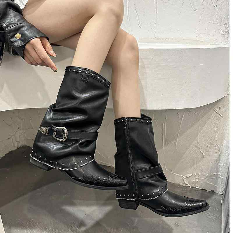 ブーツ レディース ウェスタンブーツ ポインテッドトゥ ミドル丈 Vカット 太ヒール 鋲飾り スリッポン ブラック 春秋