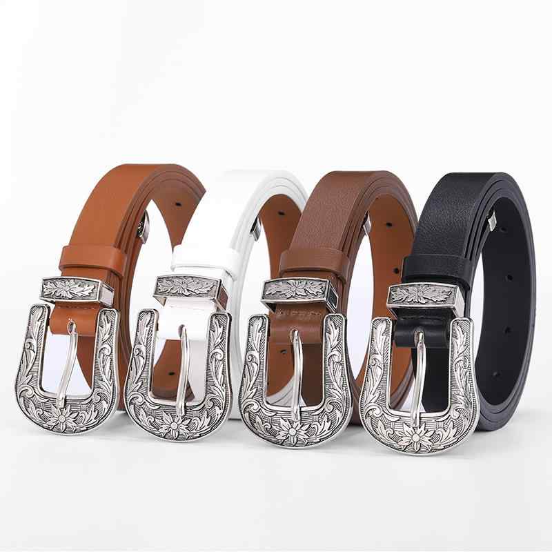 ベルト レディース 女性用 レトロ PUレザー カジュアル ウエストベルト 細ベルト 白色 黒色 茶色 キャメル色 リーフモチーフ 彫刻 古代銀メッキバックル 合金 普段使い 通勤