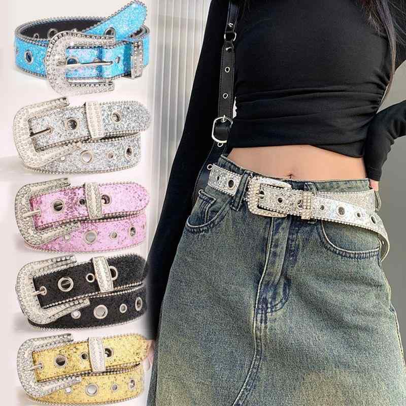 ベルト レディース キラキラ 欧米風 幅広 ウエストベルト ファッション おしゃれ スパンコール デニム ジーンズ 普段使い ブラック シルバー ゴールド ピンク ブルー