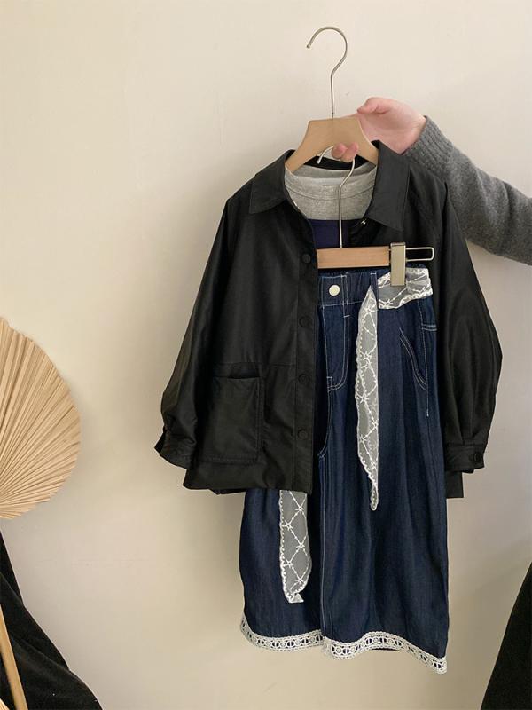 子供服 パンツセット 女の子 春秋 PUレザー ジャケット レース デニム ワイドレッグパンツ 2点セット ガールズ かわいい おしゃれ 長袖 トップス ボトムス 普段着 通学着
