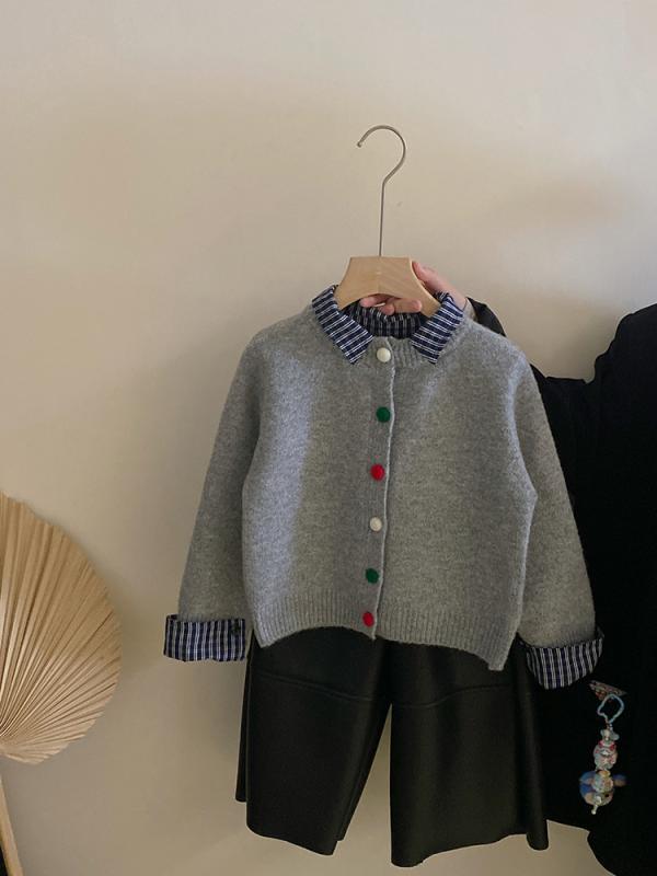 子供服 ニット カーディガン & レザー風パンツ セットアップ 女の子 チェック柄 裏起毛 秋冬