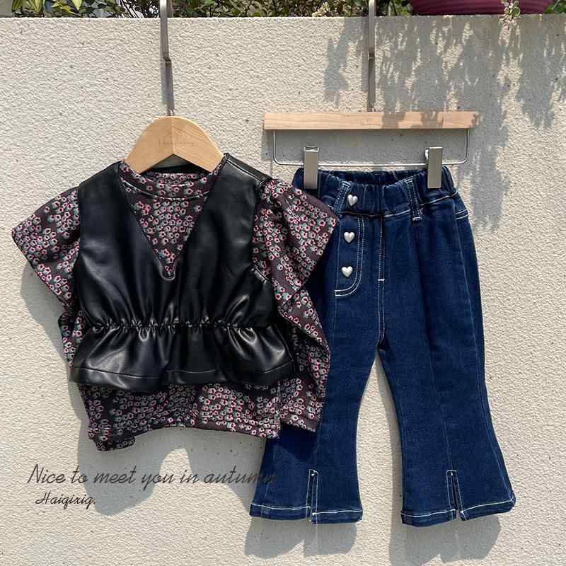 子供用パンツセット 女児 春秋 長袖トップス ズボン 上下3点セット レトロ小花柄 パフスリーブ PUレザー かわいい 80 90cm