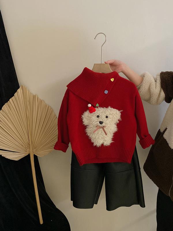 子供 ニット 秋冬 長袖 トップス & 皮パンツ 2点 セットアップ 裏起毛 クリスマス 犬柄 かわいい ガールズ 90 100 110 120 130 140 150