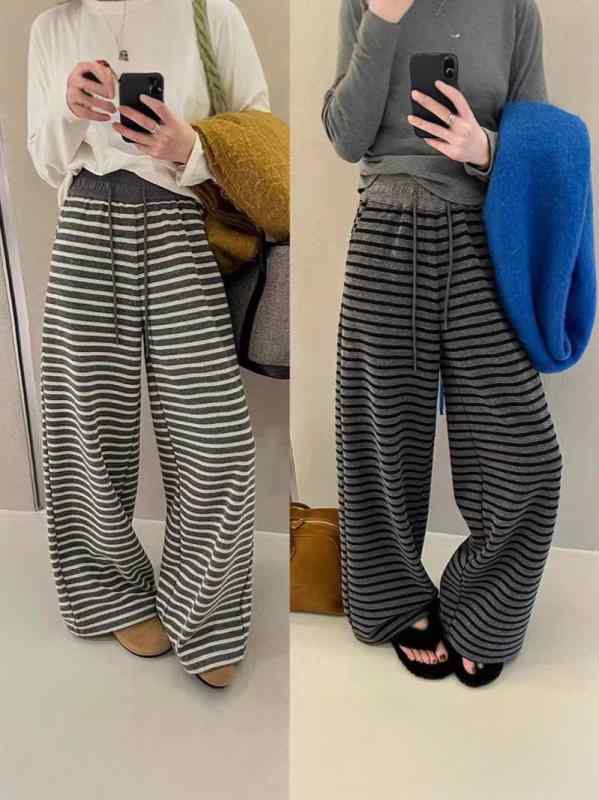 Miscellaneous Goods, Small Goods - パンツ レディース ストライプ柄 ワイドレッグパンツ イージーパンツ ポリエステル ゆったり ストレート 薄手 ウエストゴム 普段使い 韓国ファッション 灰色 グレー系 白色 ホワイト系