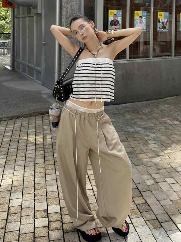 パンツ レディース レース 春夏 ストリート カジュアル ワイドレッグパンツ ポリエステル 低ウエスト ホワイト グリーン ブラウン