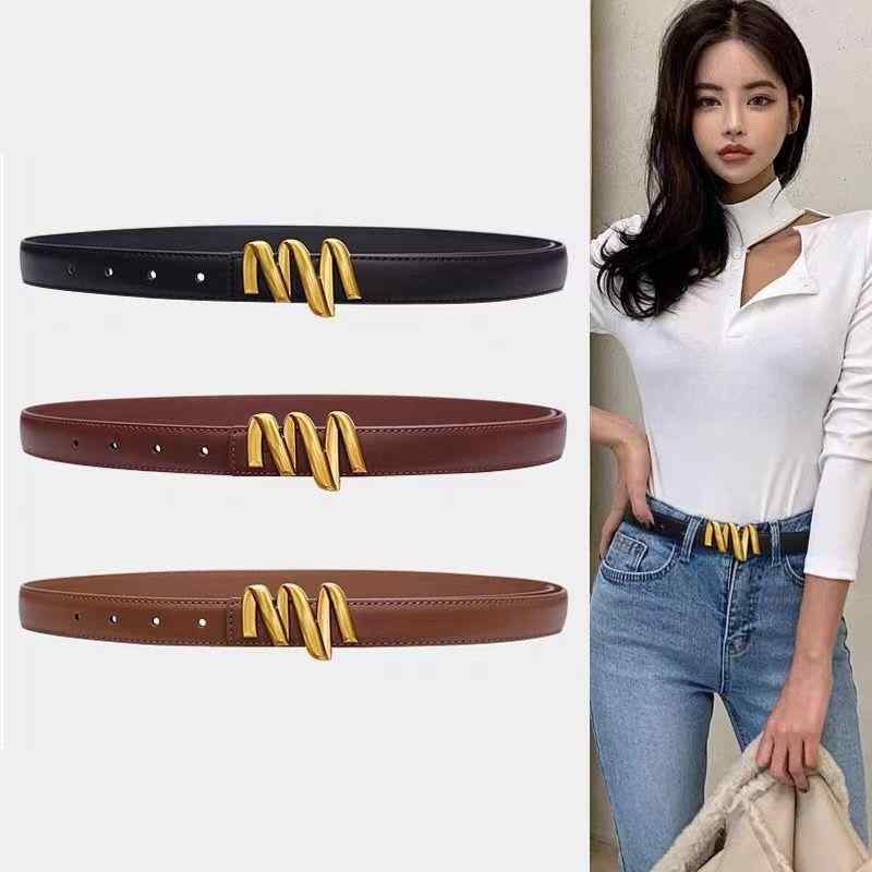 ベルト レディース 本革 レザー 牛革 細ベルト 黒 ブラック ダークブラウン 合金 バックル デニム ジーンズ スラックス パンツ おしゃれ かわいい カジュアル 韓国ファッション 普段使い