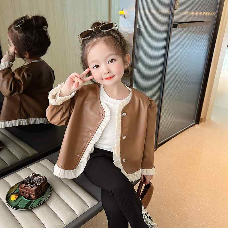 Coat - 子供服 ジャケット 春秋 女の子 アウター ブルゾン ジャンパー PUレザー 無地 かわいい ショート丈 90 100 110 120 130 140cm