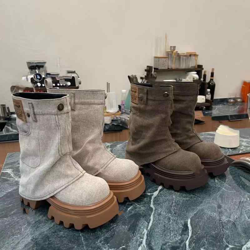 ブーツ レディース 韓国風 ドールヘッド 厚底 ファッション デニム ミドル丈 ショートブーツ 婦人靴 耐摩耗性 春秋冬