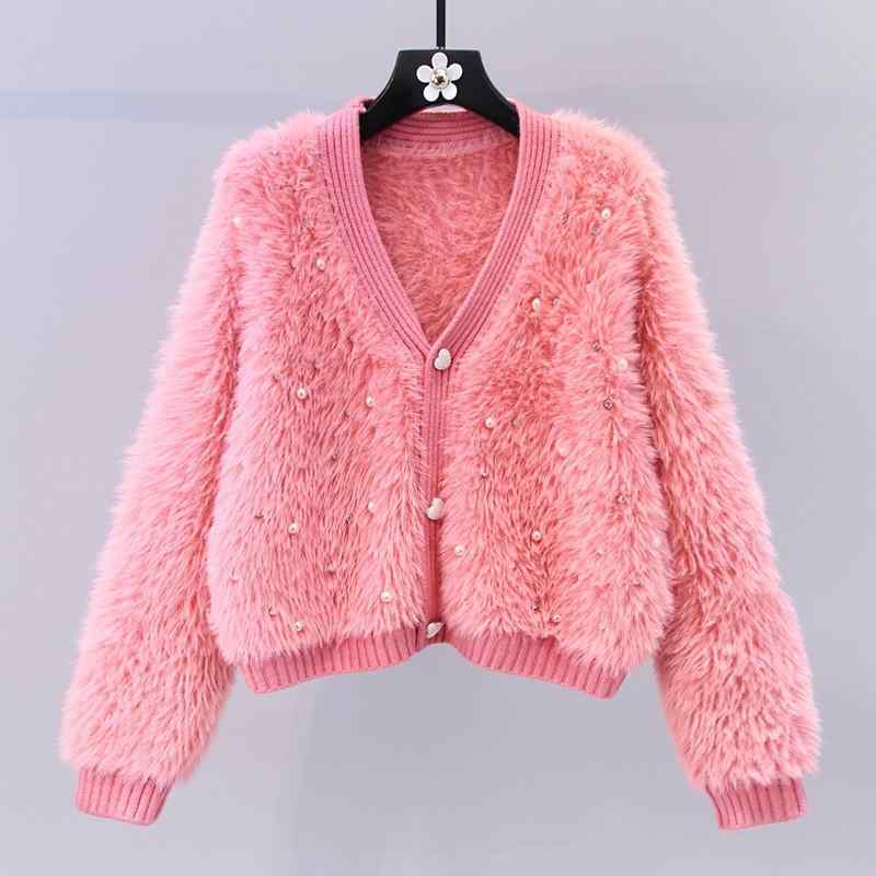 カーディガン レディース Vネック ニット アウター 秋冬 釘パール ゆったり ショート丈 アクリル 日韓スタイル カジュアル かわいい ホワイト ピンク系 ブラック(4.0)