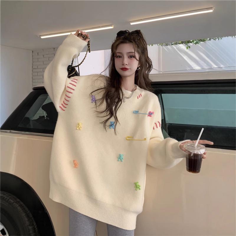 ニット レディース 韓国風 穿绳 別針 小熊 大码 ゆったり 秋冬 かわいい プルオーバー 針織 外套 ミルキーホワイト ブラック ピンク系