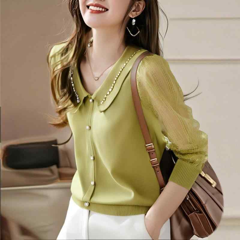 ニット レディース Vネック レース ニットソー トップス 長袖 プルオーバー ゆったり 襟付き 無地 春夏 ポリエステル 接触冷感 きれいめ かわいい エレガント 通勤 オフィス 普段使い 韓国風