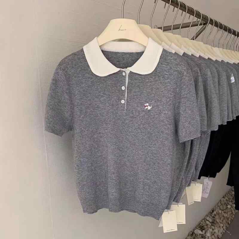 ニット・セーター レディース かわいい犬刺繡 娃娃襟 スリムフィット POLOネック 接触冷感 半袖 トップス 春夏 普段使い デート