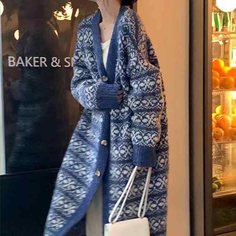 カーディガン レディース 秋冬 ニット ロング丈 Vネック ゆったり 幾何学模様 鹿毛绒 普段使い 通勤 ブルー系 ダークグレー系