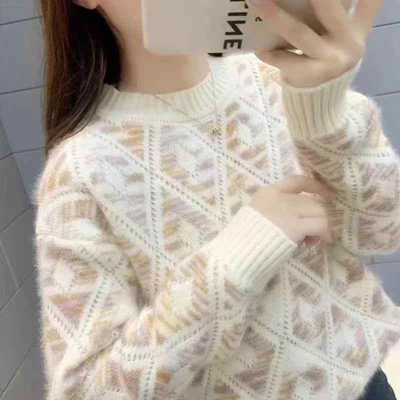 ニット レディース 秋冬 プルオーバー 貂毛風 カットソー インナー 暖かい ゆったり 長袖 トップス 配色 ラウンドネック かわいい 普段使い デート