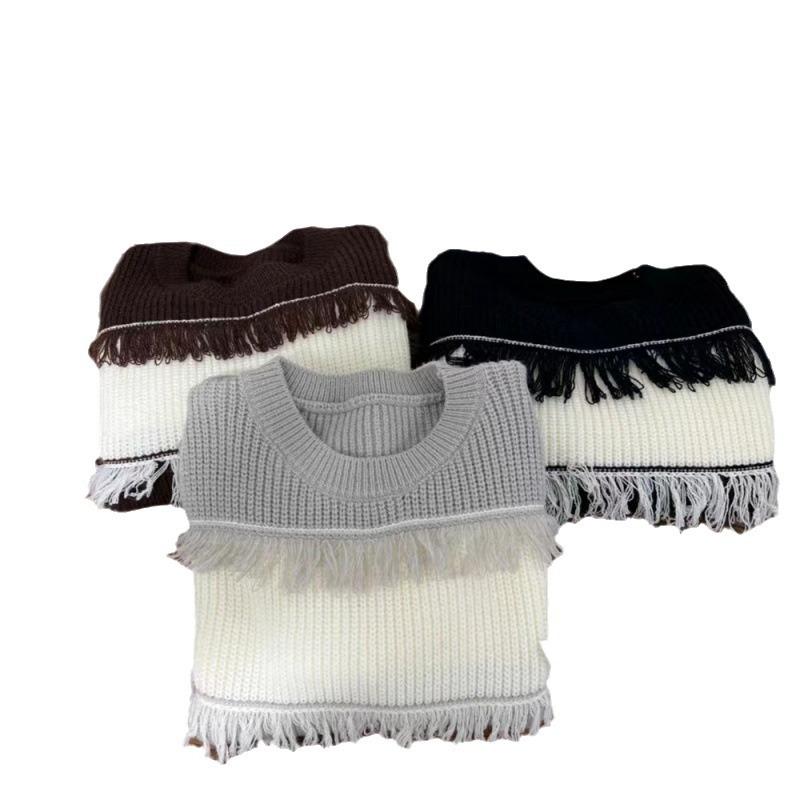 ニット レディース ローゲージ 配色 ラウンドネック 長袖 プルオーバー 秋冬 普段使い 通勤着 ゆったり 灰色 黒色 茶色系