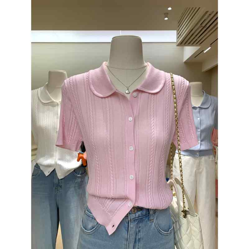 ポロシャツ レディース 再生繊維混紡 ニット トップス 半袖 薄手 伸縮性 接触冷感 スリムフィット 襟付き 無地 パステルカラー フェミニン かわいい ブラウス カーディガン