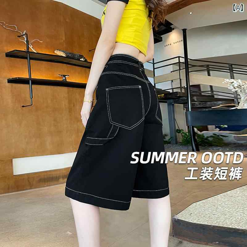 デニムパンツ 女性用 夏 高腰 ワイドレッグ 5分丈 黒 綿素材 通勤 通気性 ゆったり ストレート ミッドウェイト ジッパー 気質スタイル 遮肉
