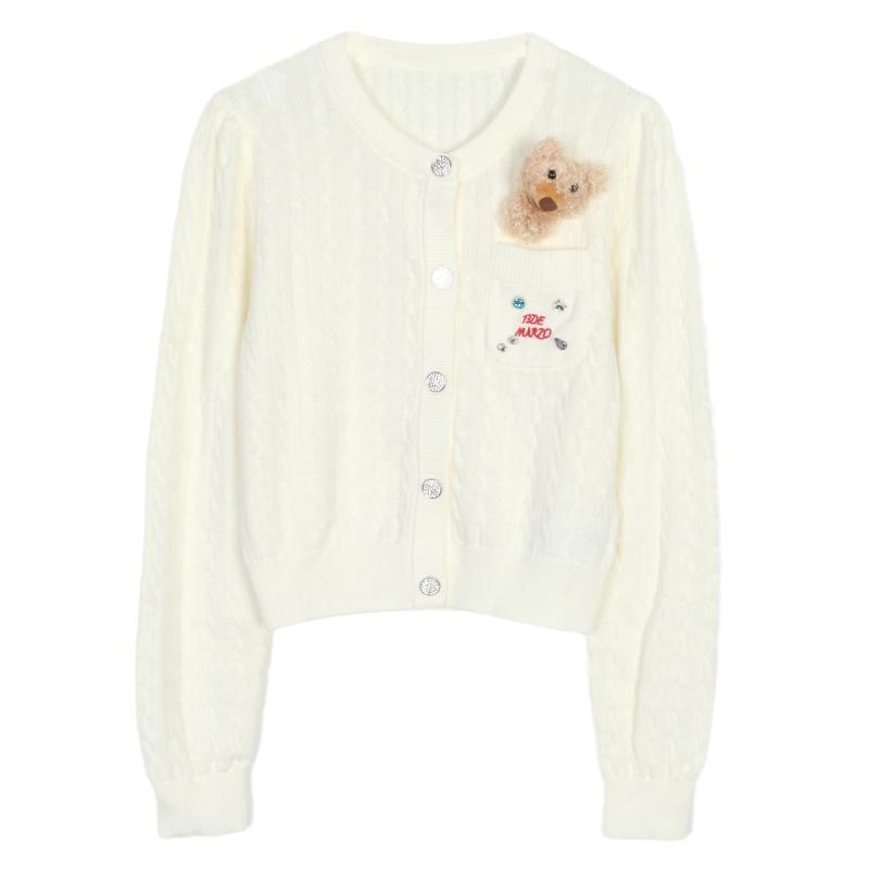ニット カーディガン レディース 秋冬 ウール 刺繡 ラウンドネック クマ柄 スリム ショート丈 かわいい ガーリー ピンク系