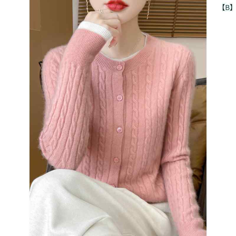 カーディガン レディース ウール ニット 配色 長袖 トップス ゆったり 厚手 秋冬 ブルー ピンク系