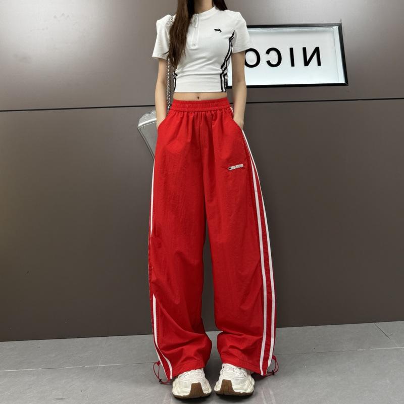 パンツ レディース 大きいサイズ 夏 サイド配色 ストライプ 刺繍 スポーティ カジュアルパンツ ストレートパンツ ロングパンツ ハイウエスト ホワイト ブラック ピンク レッド イエロー